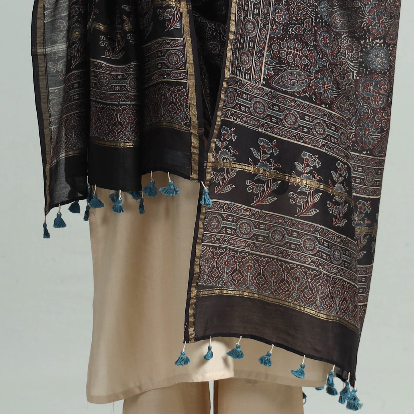 Black - Hand Block Print Chanderi Silk Ajrakh Dupatta 64