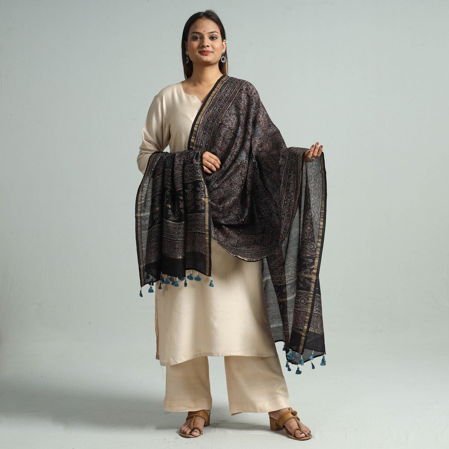 Black - Hand Block Print Chanderi Silk Ajrakh Dupatta 64