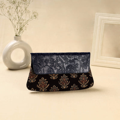Black Hand Print Clutch with Embossed Leather Flap