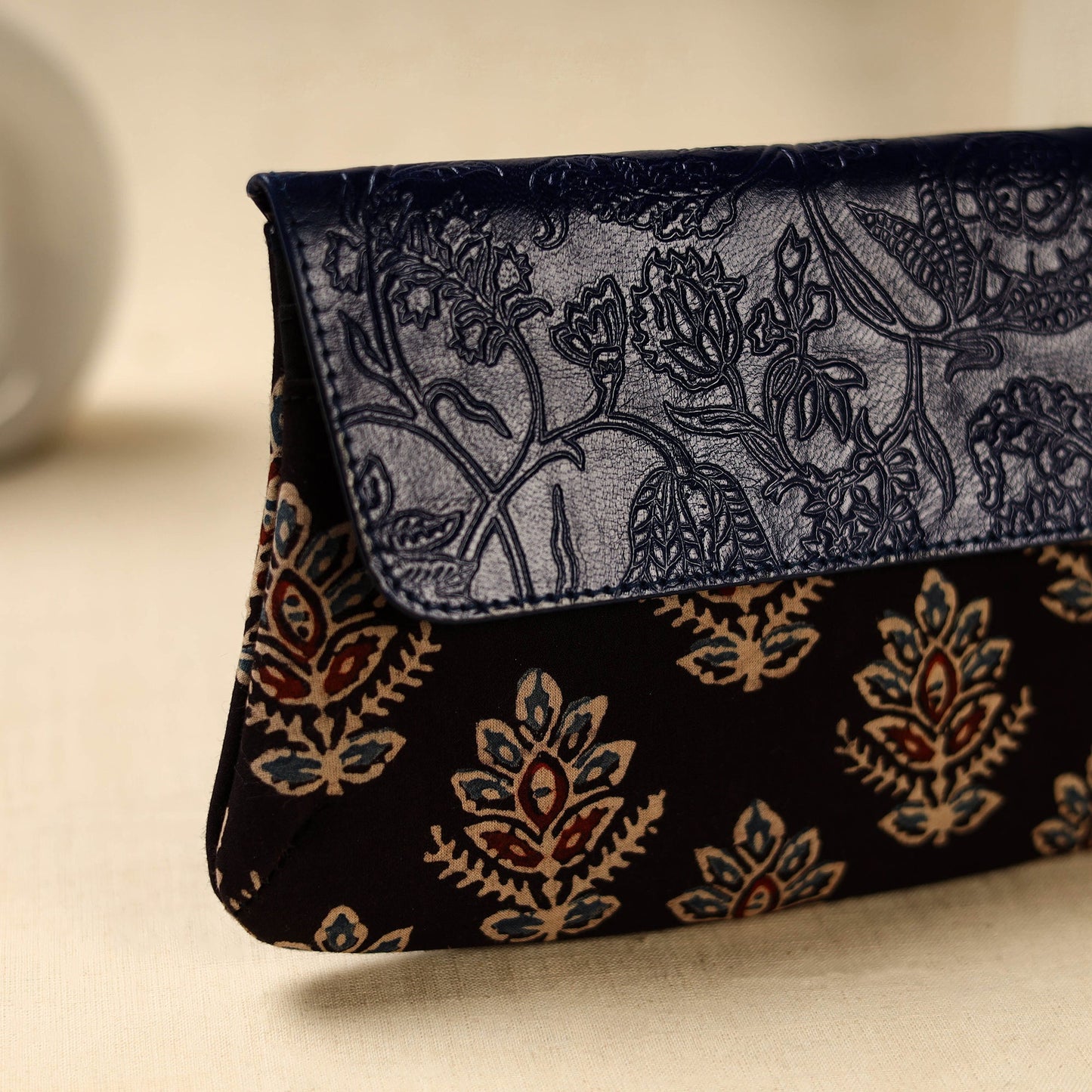 Black Hand Print Clutch with Embossed Leather Flap