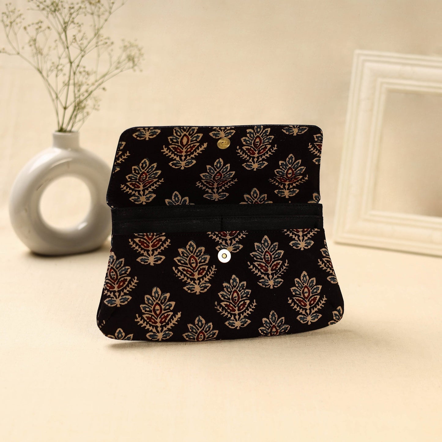 Black Hand Print Clutch with Embossed Leather Flap