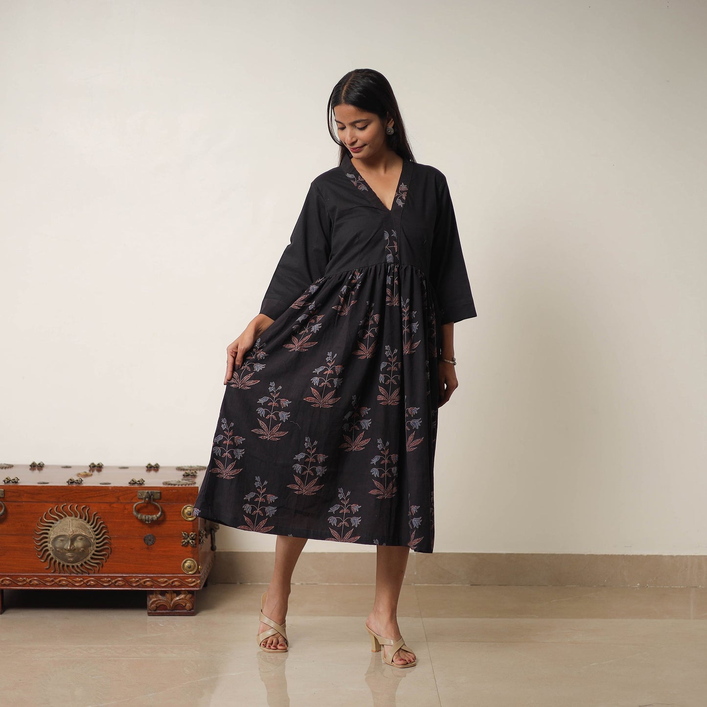 Buy Black Hand Block Print Cotton Flared Gher Ajrakh Dress