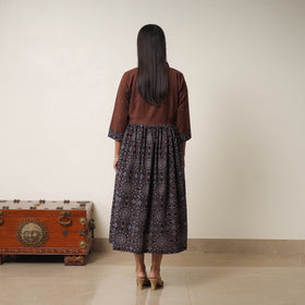 Black - Hand Block Print Cotton Flared Gher Ajrakh Dress 04
