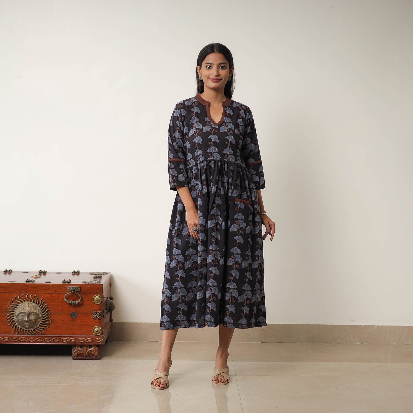 Buy Black Hand Block Print Cotton Flared Gher Ajrakh Dress