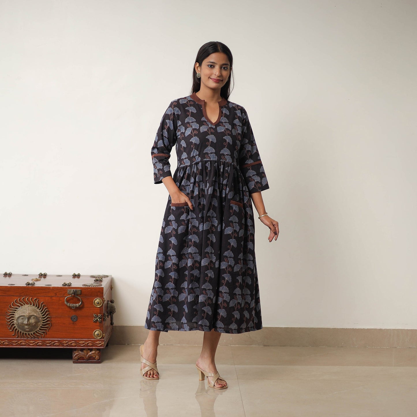 Buy Black Hand Block Print Cotton Flared Gher Ajrakh Dress