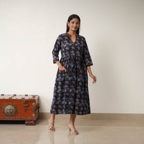 Buy Black Hand Block Print Cotton Flared Gher Ajrakh Dress