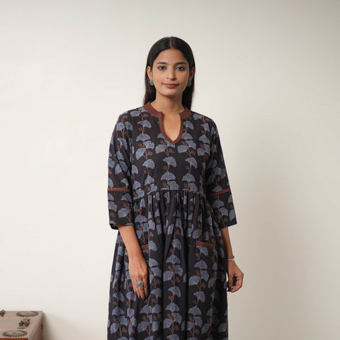 Buy Black Hand Block Print Cotton Flared Gher Ajrakh Dress
