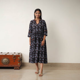 Buy Black Hand Block Print Cotton Flared Gher Ajrakh Dress