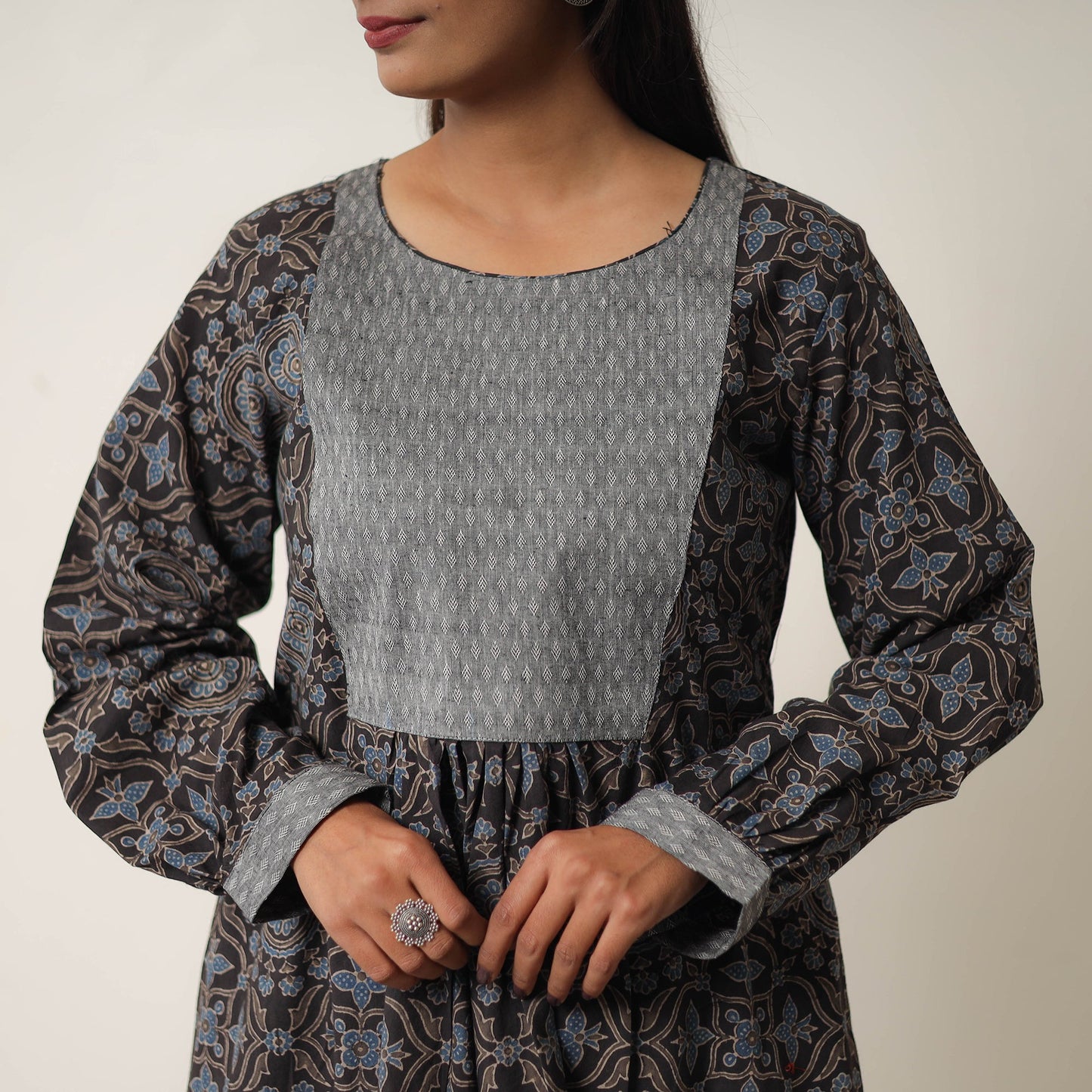 Black - Hand Block Print Cotton Flared Gher Ajrakh Dress 12