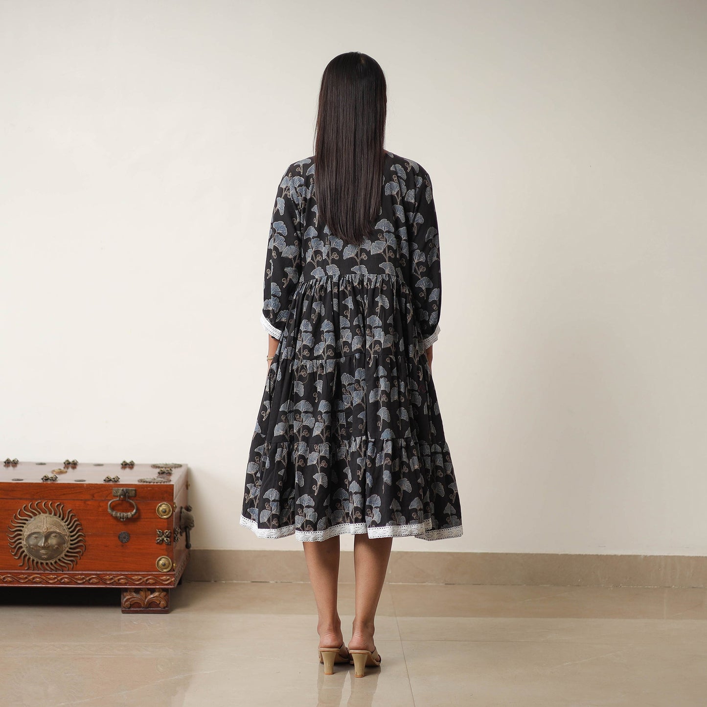 Black - Hand Block Print Cotton Tiered Ajrakh Dress 17