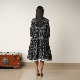 Black - Hand Block Print Cotton Tiered Ajrakh Dress 17