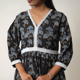 Black - Hand Block Print Cotton Tiered Ajrakh Dress 17