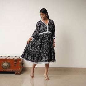 Black - Hand Block Print Cotton Tiered Ajrakh Dress 17