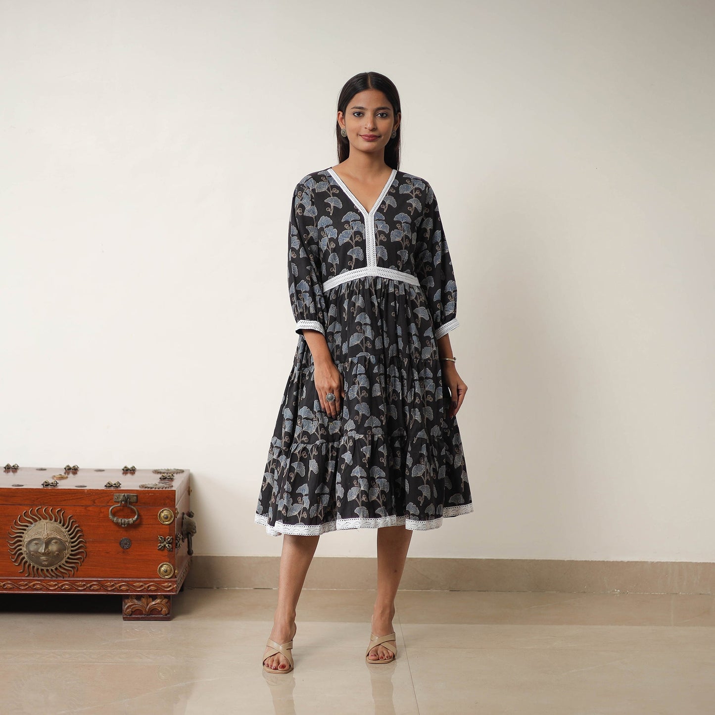 Black - Hand Block Print Cotton Tiered Ajrakh Dress 17