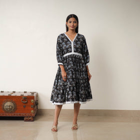Black - Hand Block Print Cotton Tiered Ajrakh Dress 17