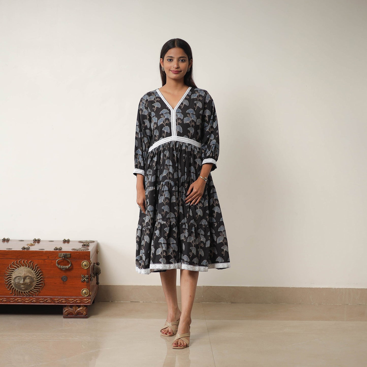 Black - Hand Block Print Cotton Tiered Ajrakh Dress 17