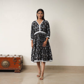 Black - Hand Block Print Cotton Tiered Ajrakh Dress 17