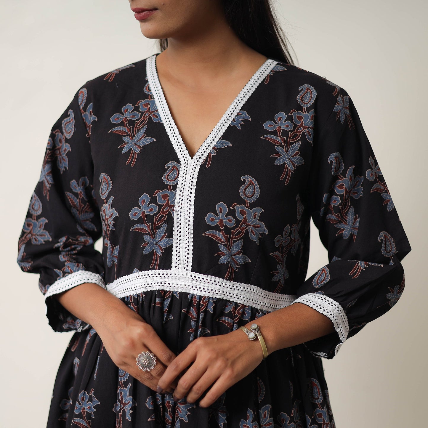  Black Hand Block Print Cotton Tiered Ajrakh Dress