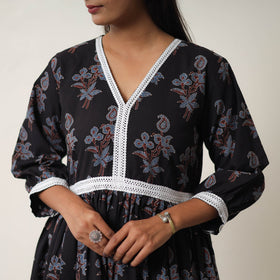  Black Hand Block Print Cotton Tiered Ajrakh Dress