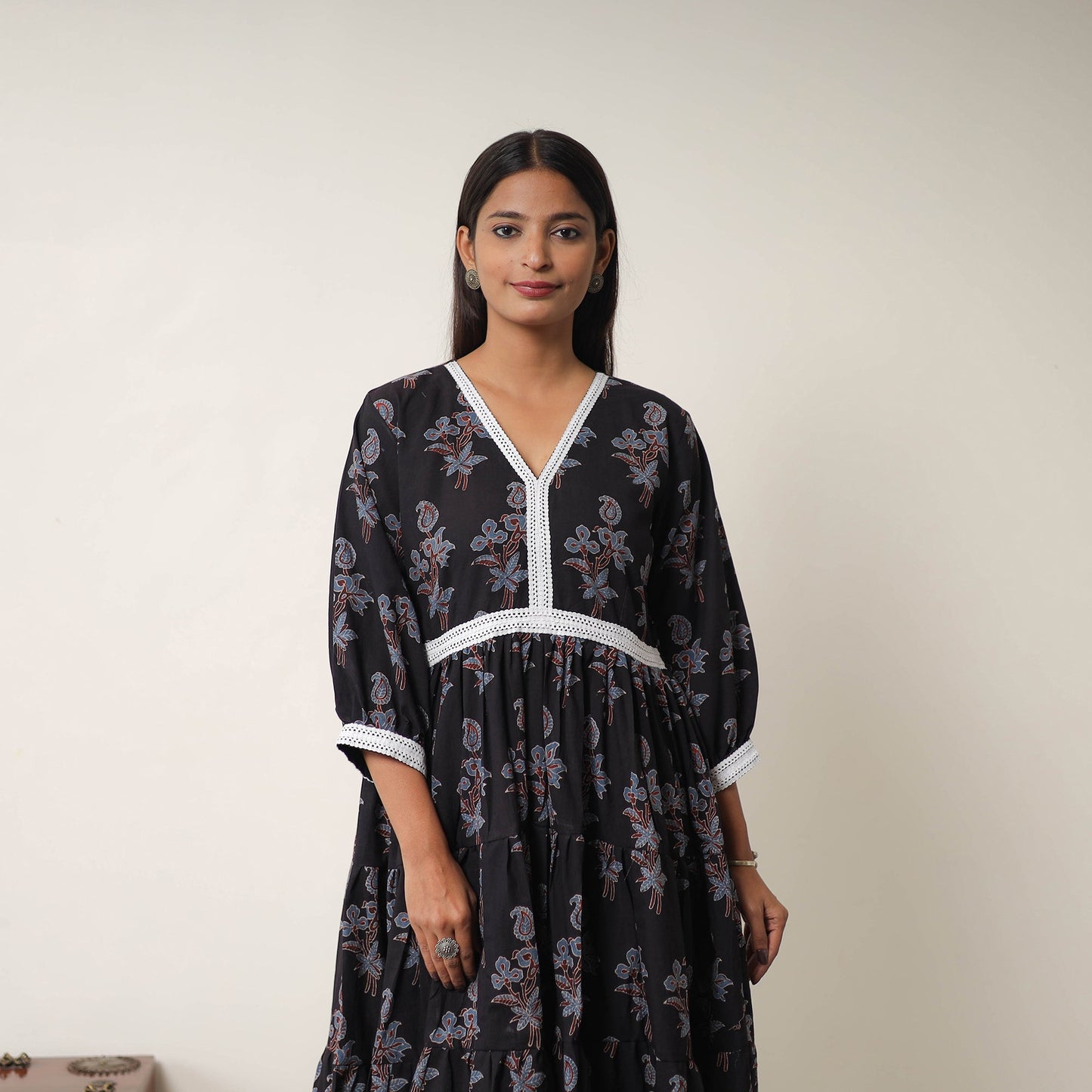  Black Hand Block Print Cotton Tiered Ajrakh Dress