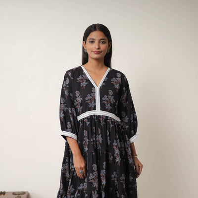  Black Hand Block Print Cotton Tiered Ajrakh Dress