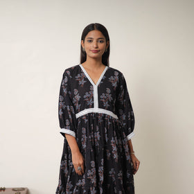  Black Hand Block Print Cotton Tiered Ajrakh Dress