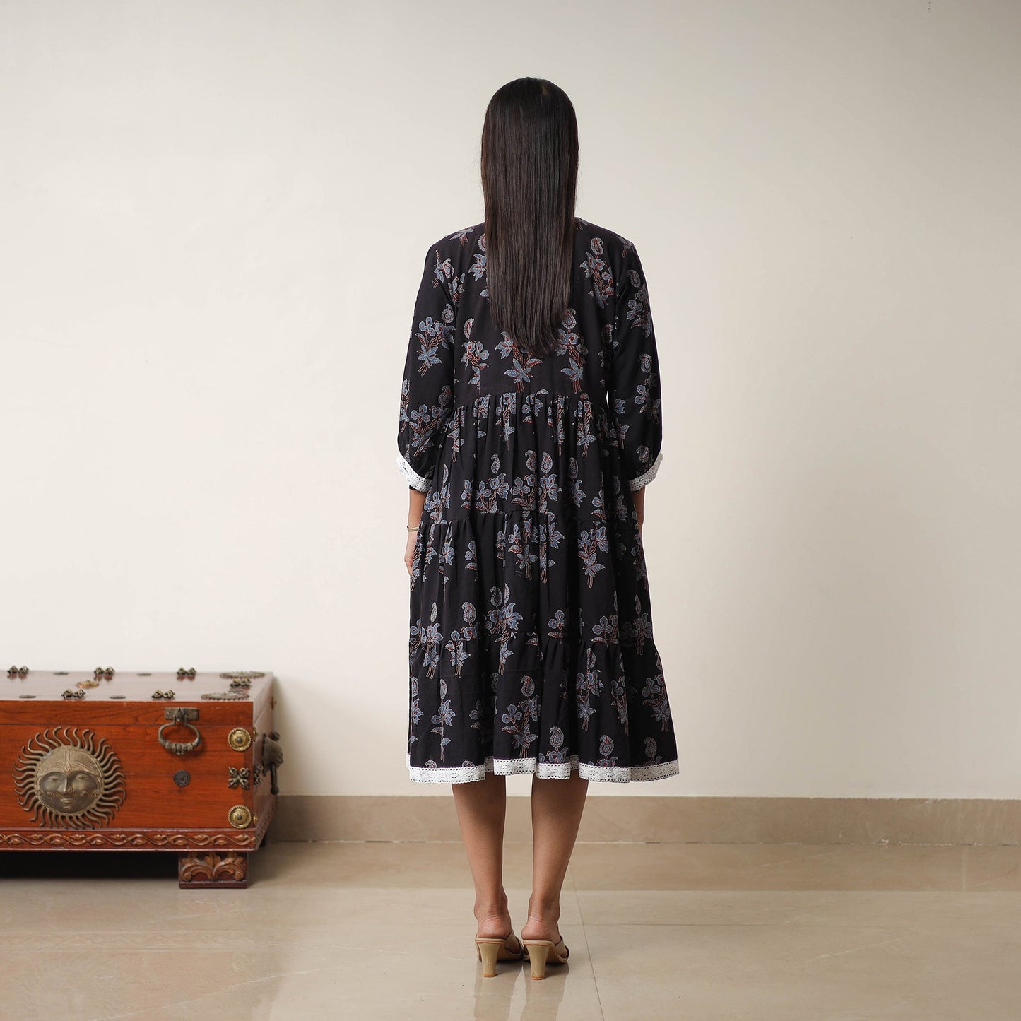  Black Hand Block Print Cotton Tiered Ajrakh Dress