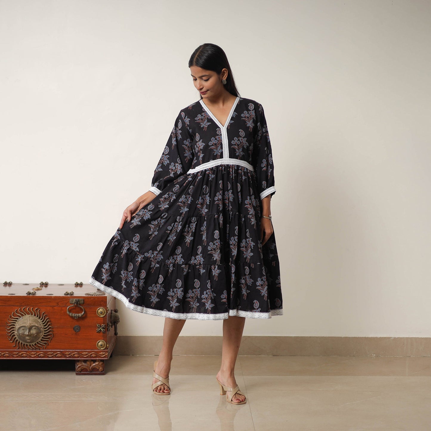  Black Hand Block Print Cotton Tiered Ajrakh Dress