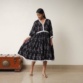  Black Hand Block Print Cotton Tiered Ajrakh Dress