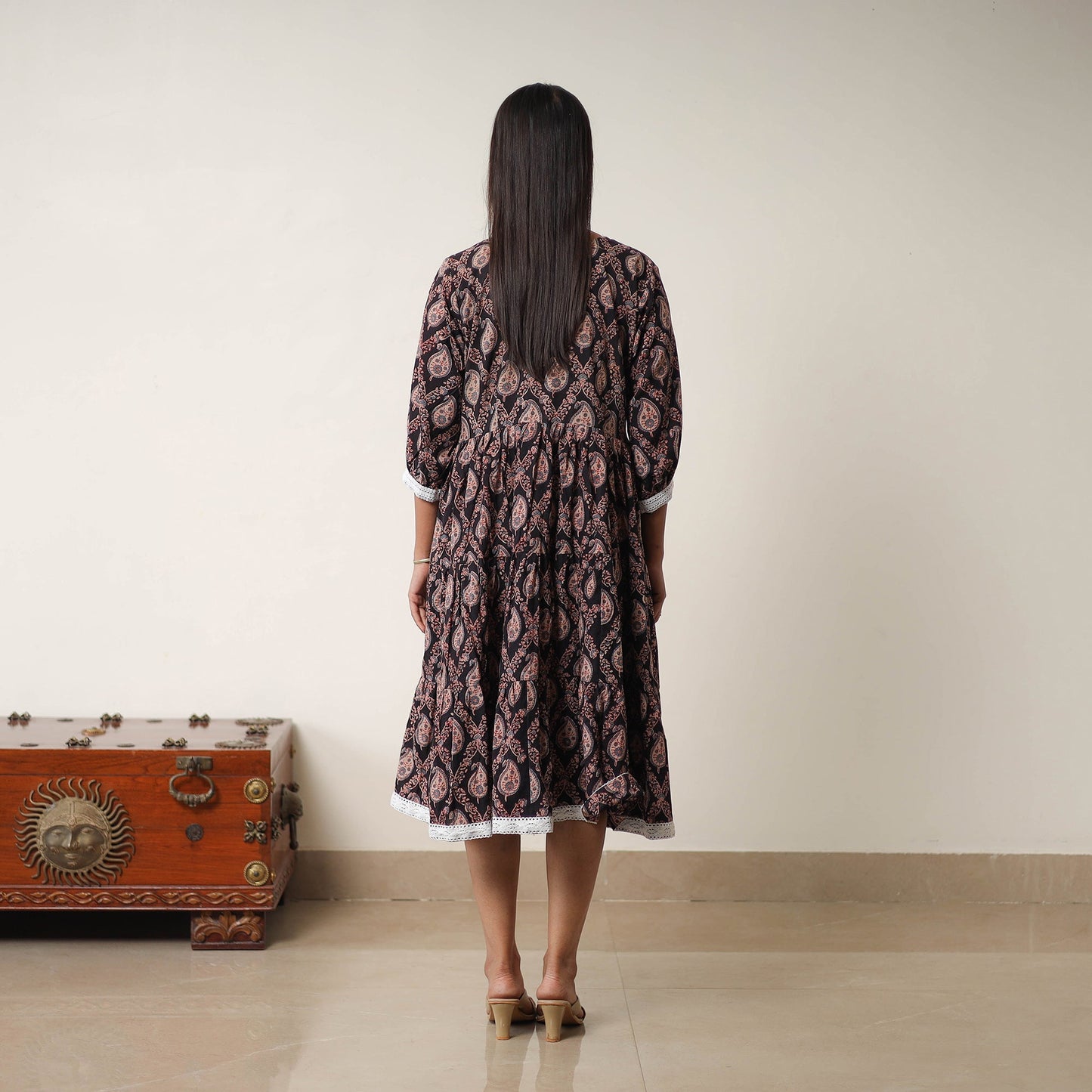 Buy Black Hand Block Print Cotton Tiered Ajrakh Dress