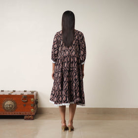 Buy Black Hand Block Print Cotton Tiered Ajrakh Dress