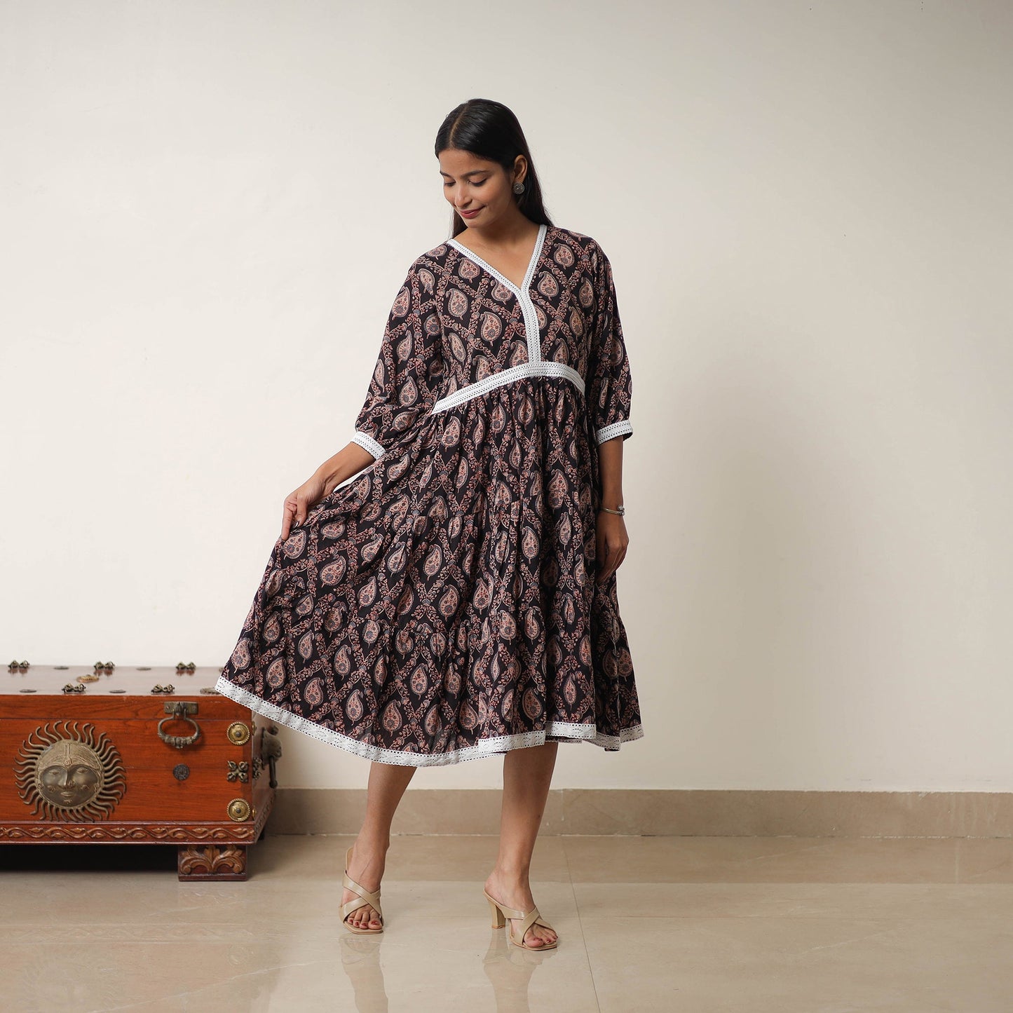 Buy Black Hand Block Print Cotton Tiered Ajrakh Dress