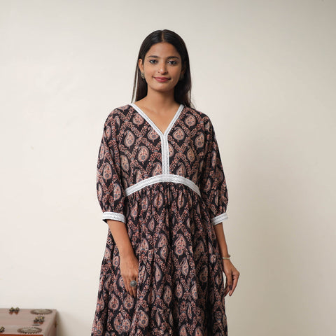 Buy Black Hand Block Print Cotton Tiered Ajrakh Dress