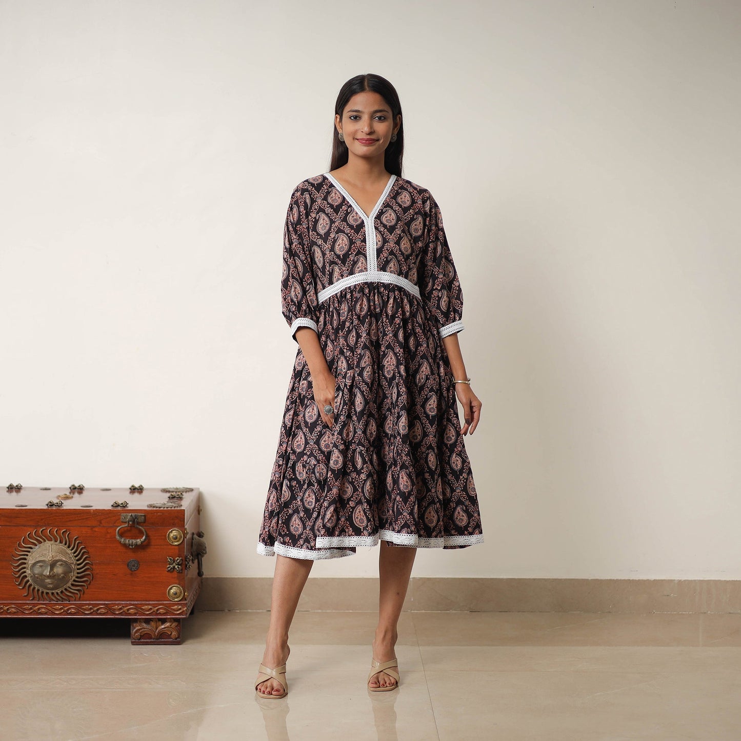 Buy Black Hand Block Print Cotton Tiered Ajrakh Dress