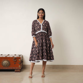 Buy Black Hand Block Print Cotton Tiered Ajrakh Dress