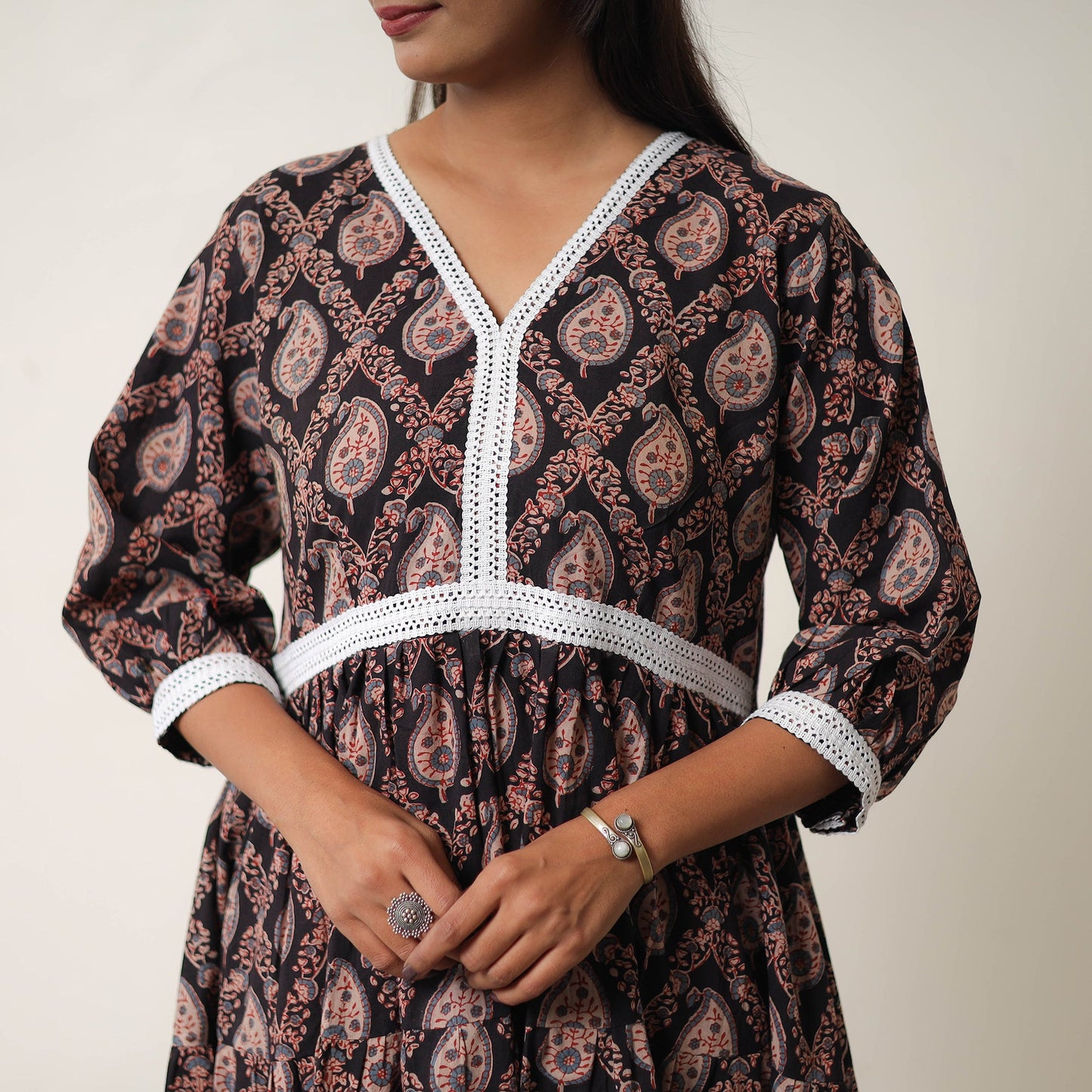 Buy Black Hand Block Print Cotton Tiered Ajrakh Dress