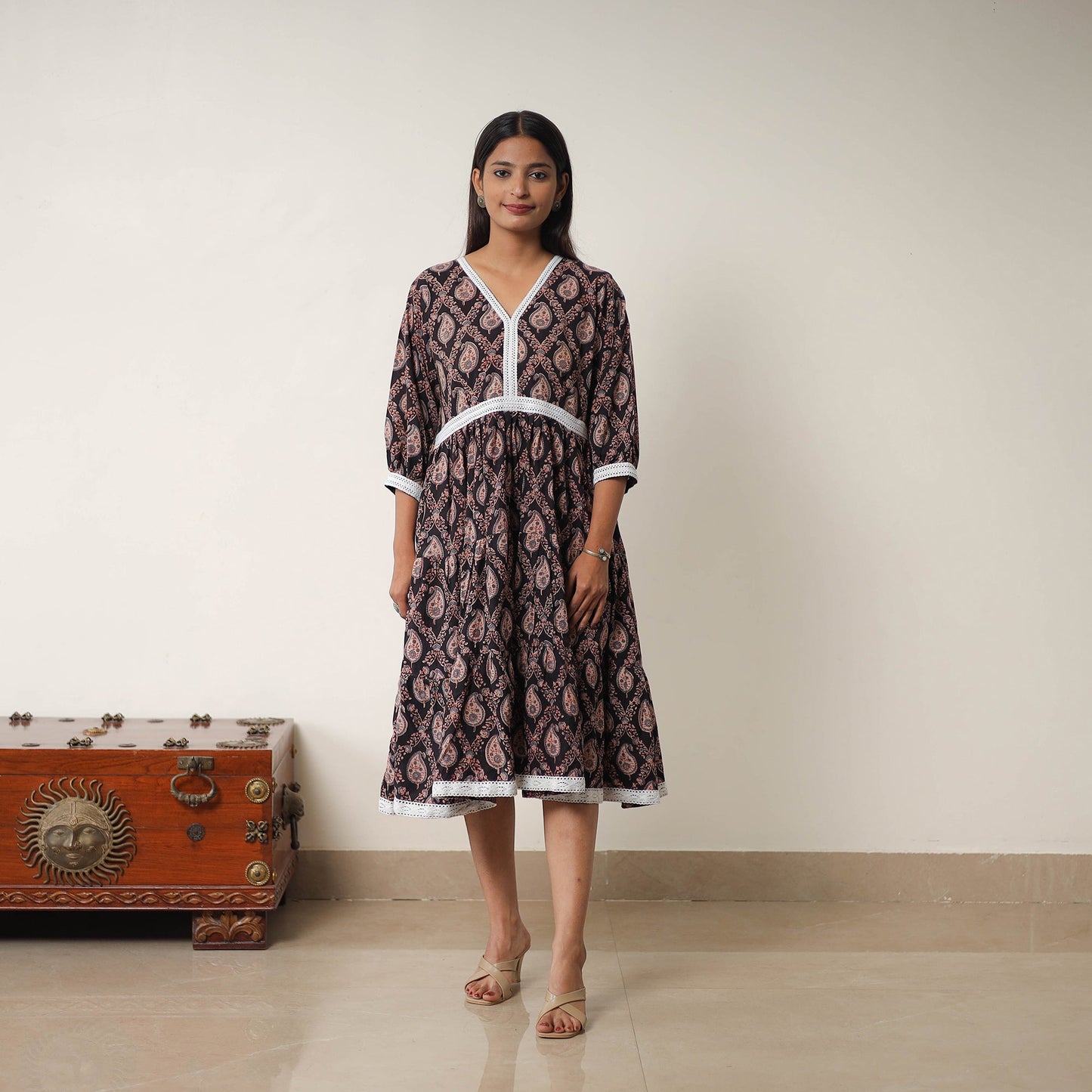 Buy Black Hand Block Print Cotton Tiered Ajrakh Dress