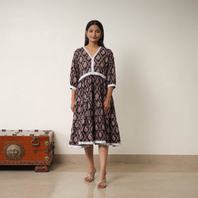 Buy Black Hand Block Print Cotton Tiered Ajrakh Dress