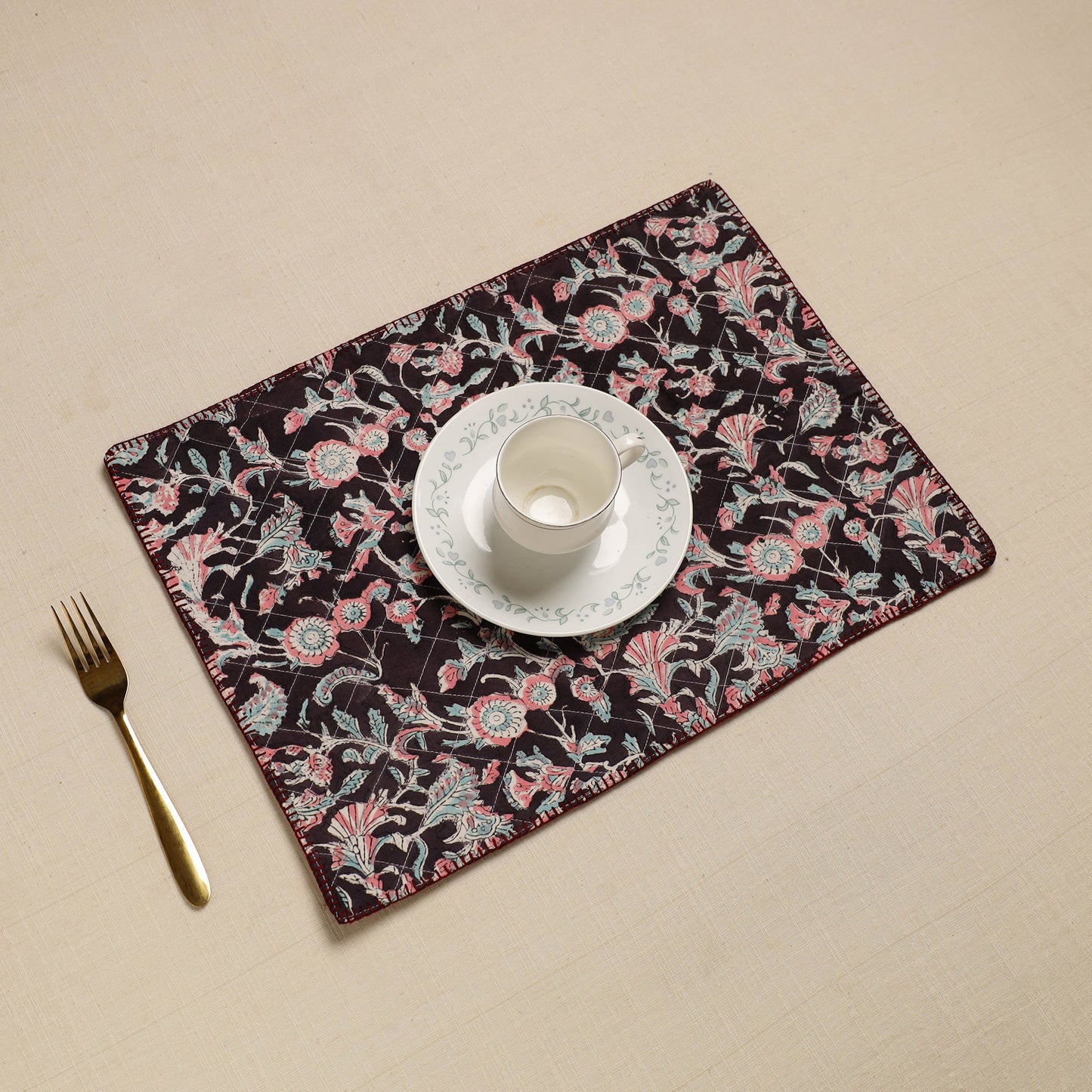  Black Hand Embroidered Floral Cotton Reversible Table Mat