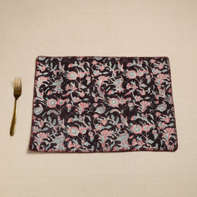  Black Hand Embroidered Floral Cotton Reversible Table Mat