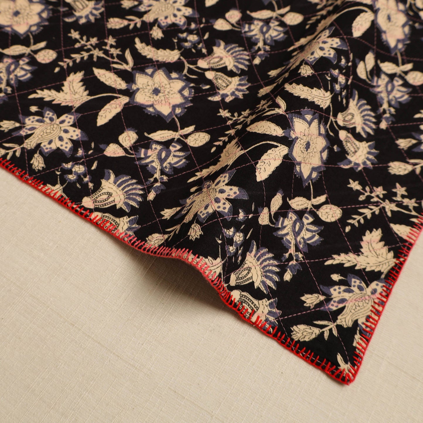 Black Hand Embroidered Floral Cotton Reversible Table Mat