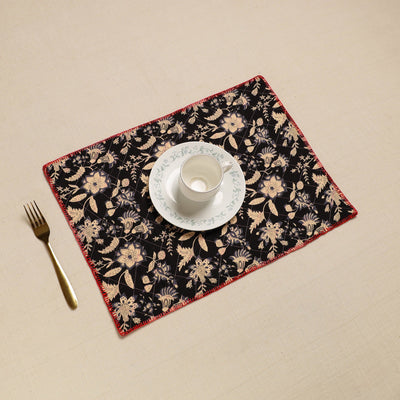 Black Hand Embroidered Floral Cotton Reversible Table Mat