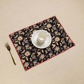 Black Hand Embroidered Floral Cotton Reversible Table Mat