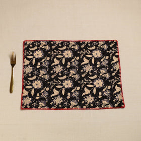 Black Hand Embroidered Floral Cotton Reversible Table Mat