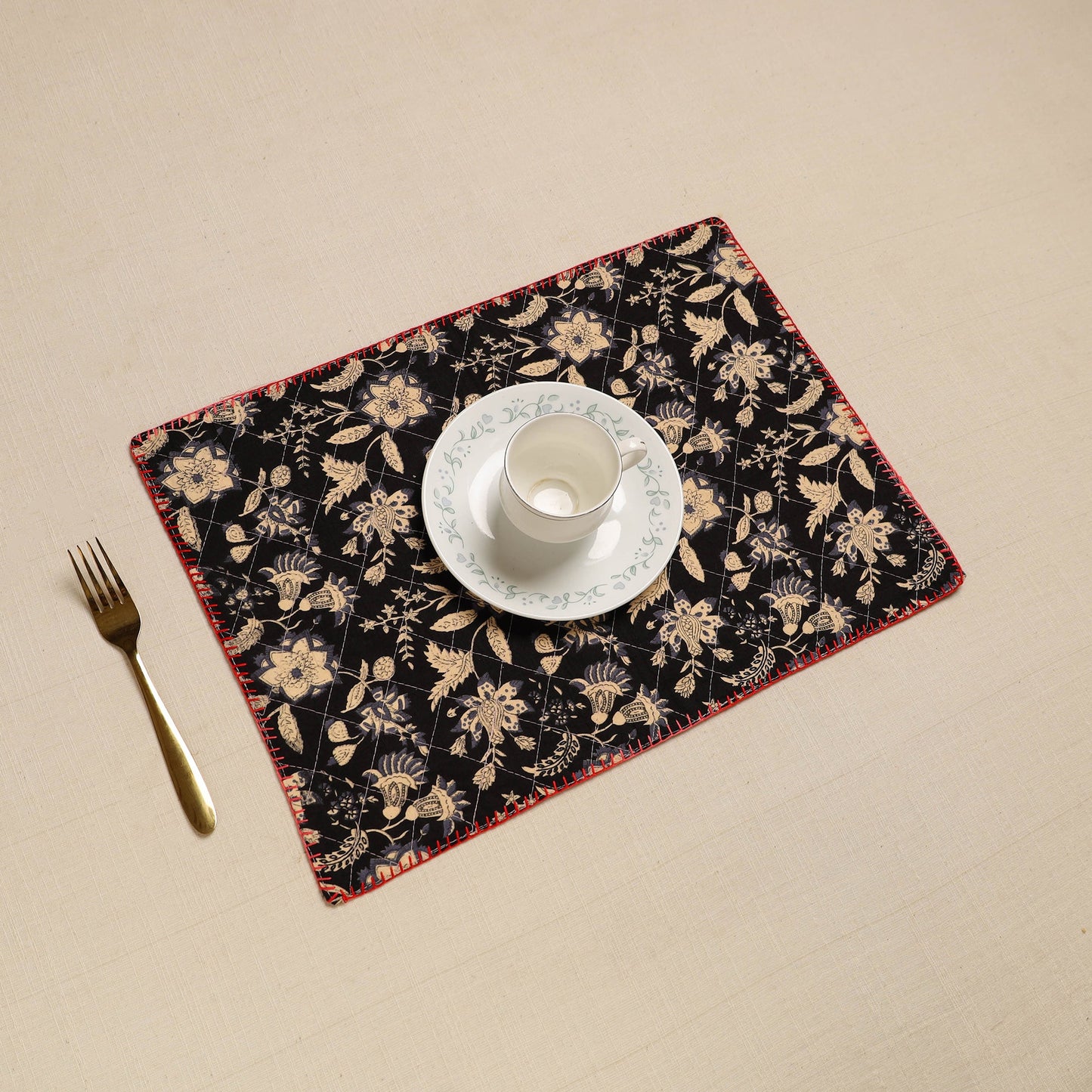 Black Hand Embroidered Floral Cotton Reversible Table Mat