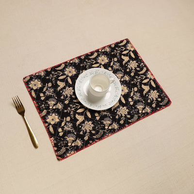 Black Hand Embroidered Floral Cotton Reversible Table Mat