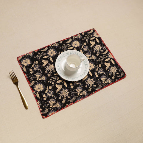 Black Hand Embroidered Floral Cotton Reversible Table Mat