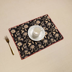 Black Hand Embroidered Floral Cotton Reversible Table Mat