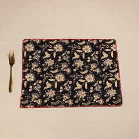 Black Hand Embroidered Floral Cotton Reversible Table Mat