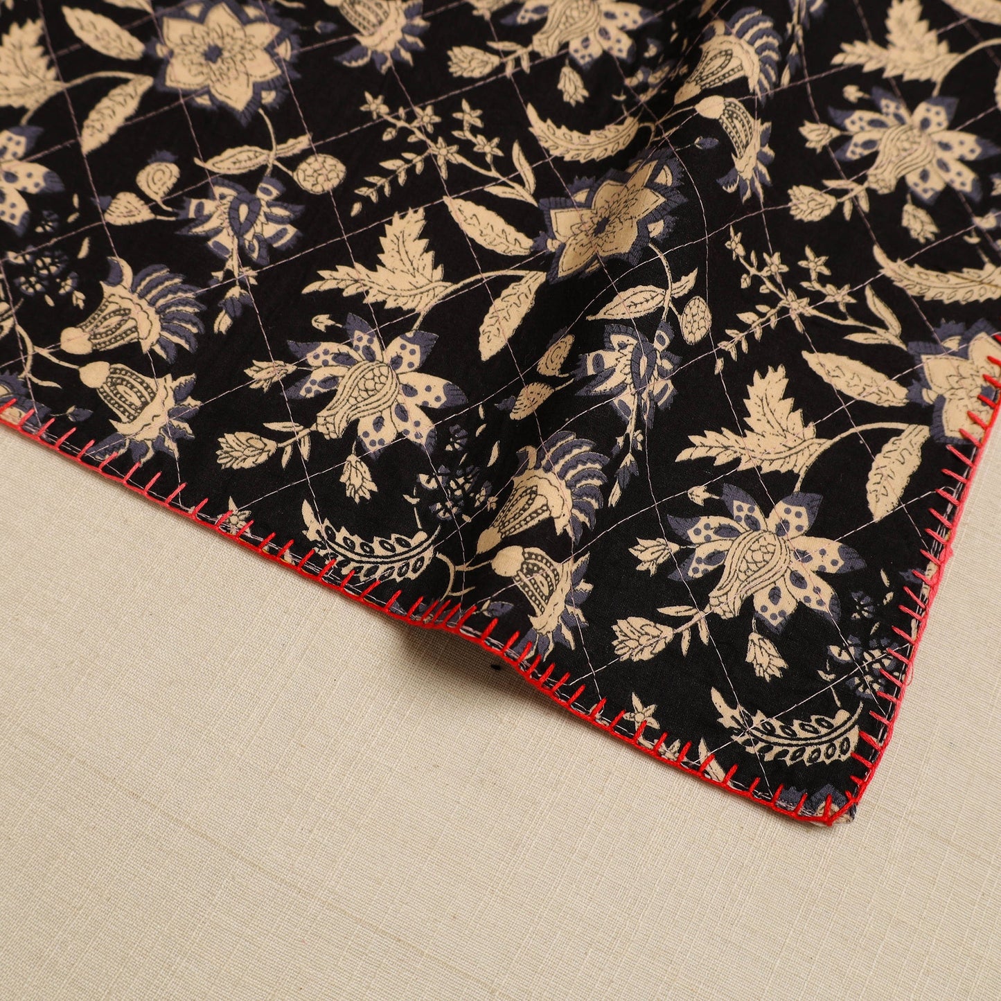 Black Hand Embroidered Floral Cotton Reversible Table Mat